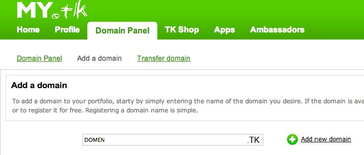 dot.tk панель добавления домена